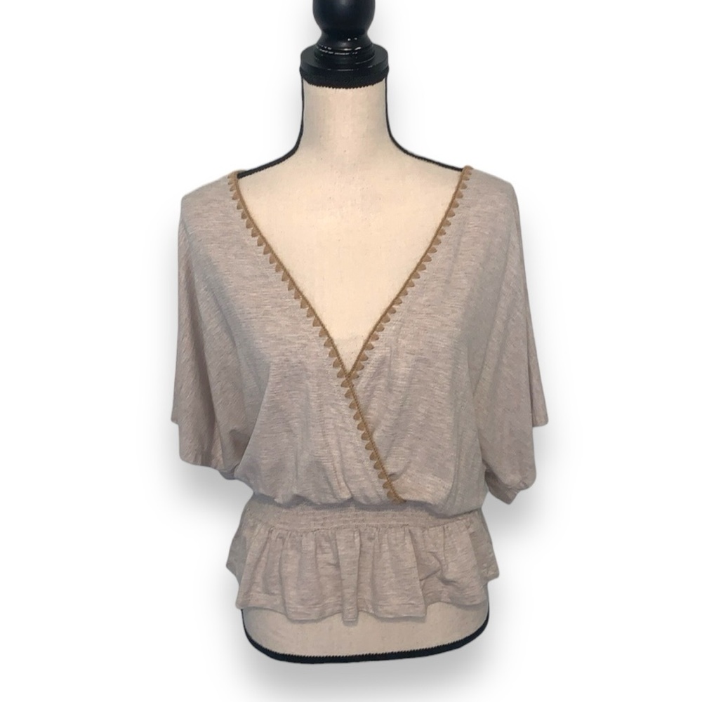 Hem & Thread Light Brown Faux Wrap Shirt Open Back Size Large